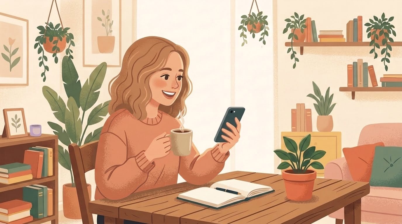 Mãe afiliada comemorando renda extra com seu celular em casa